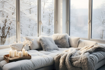 Cozy and stylish living room with a soft sofa decorated with a fluffy blanket and soft pillows