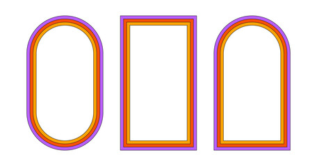 Groovy rainbow frames in 1970s hippie style. Psychedelic retro borders. Text box funky 70s. Good vibes background. Pop vintage groovy rectangle and oval frame. Vector illustration.