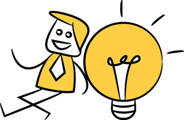 Doodle Businessman Sitting Next to Light Bulb
