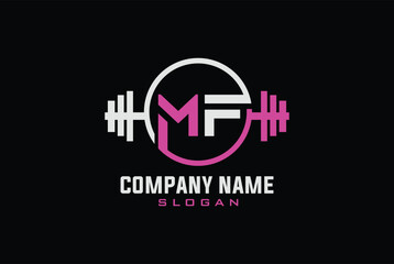 Letter M,F, FM OR MF Logo With barbell. Fitness Gym logo Vector.