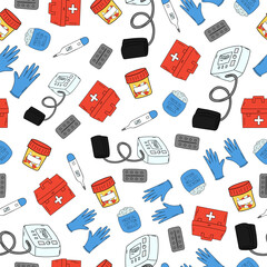 Seamless medical pattern with thermometer, medical gloves, tablets, medical case and tanometer on a white background.
