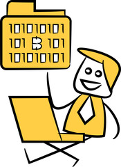 Doodle Businessman Working on Laptop and Binary Folder
