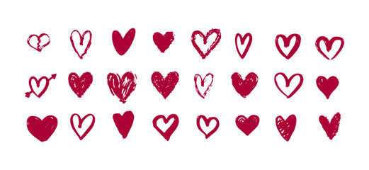 Red Heart doodles set. Hand drawn hearts collection. Love icon vector illustration	