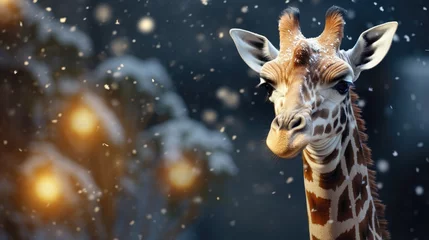 Keuken spatwand met foto Close-up portrait of giraffe head. New Year animal concept or Christmas winter holidays. Holidays are coming. Funny animal on outdoor winter background with snow. © DenisNata