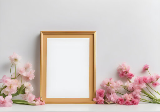 Mockup of picture frame decorated with spring flowers clean space for text on white background. Generative AI