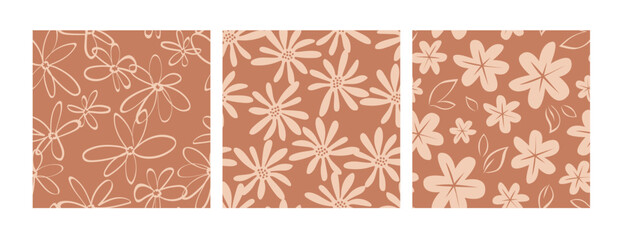 Collection of brown seamless pattern with simple flowers. Modern floral design. Vector illustration. - 658273824