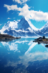 A serene lake reflecting the majestic snow capped mountains