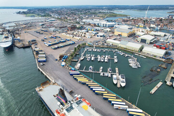 Aerial  Footage of People are Enjoying Boat Ride Over British Tourist Attraction and Ocean Sea View...