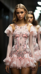 Naklejka premium Fashion Week Top Models women on the podium, catwalk. Futuristic sensitive Style. AI Generative