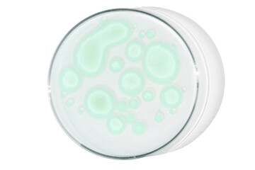 Petri dish isolated on empty background. Green drops, streaks, bacteria and molecules in a Petri dish.