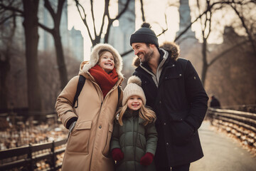 Fototapeta premium Happy family walking the streets of New York in the winter season.