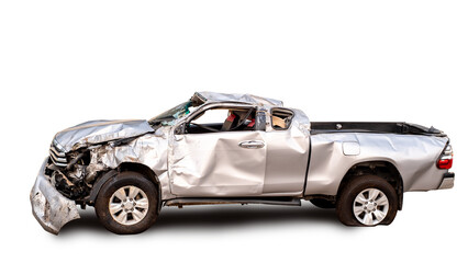 Side view of gray or bronze pickup car get damaged by accident on the road. damaged cars after collision. isolated on transparent background, PNG File format