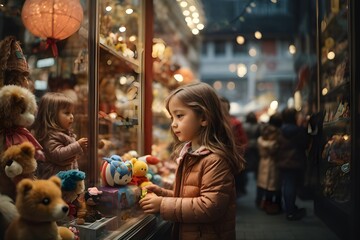 Pequeña niña en una tienda de juguetes de navidad - obrazy, fototapety, plakaty