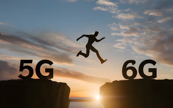 6G wireless Internet Mobile network concept. Silhouette man jumping from 5G cliff to 6G cliff on sky background.