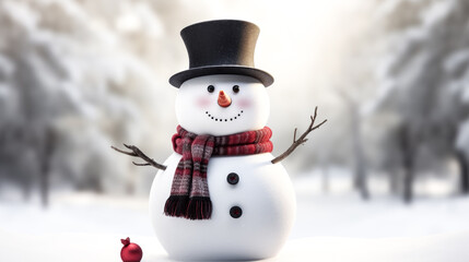 Obraz premium A snowman stands in the snow, donning a scarf and top hat, against a clear winter sky.
