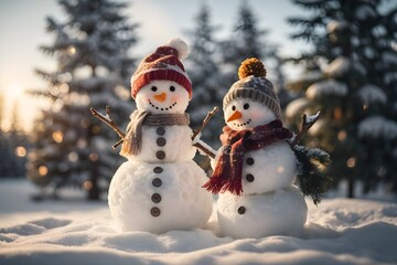 Fototapeta premium Lindo muñeco de nieve con sombrero en un paisaje nevado de navidad.