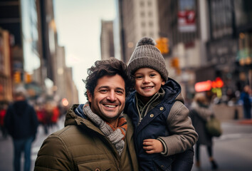 Happy Father and Son spending time together in New York City.