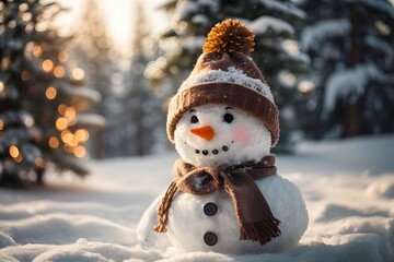 Lindo muñeco de nieve con sombrero en un paisaje nevado de navidad. - obrazy, fototapety, plakaty
