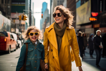 Mother and daughter spending time together on the street in New York. 