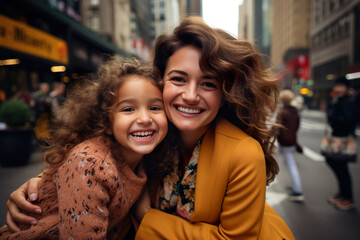 Mother and daughter spending time together on the street in New York. 