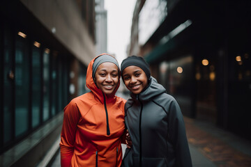 Mother and daughter in sportswear on the street in New York. 