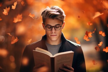 Young man lost in a book, set against a backdrop of autumn leaves - Intellectual bliss - AI Generated