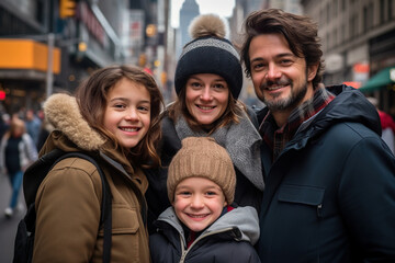 Happy family walking the streets of New York in the winter season.