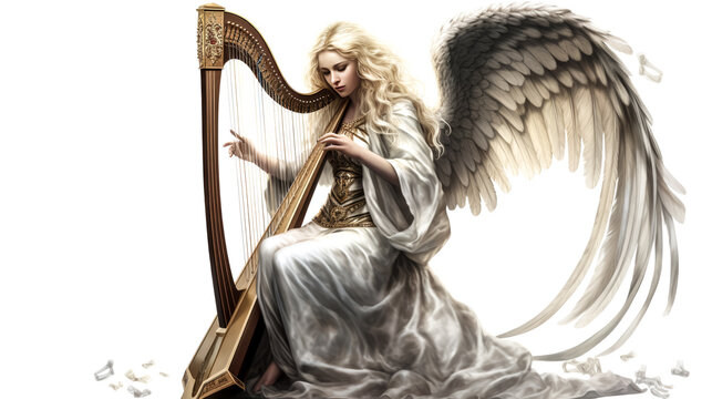 The image shows an angel playing a harp against a clear white background.