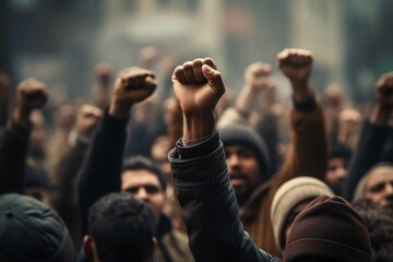 Raised fists in large angry protest riot crowd of people - obrazy, fototapety, plakaty