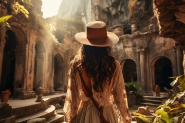 Traveler in boho attire exploring an ancient ruin - Wanderlust fashion - AI Generated