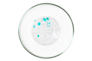 Petri dish isolated on empty background. A smear of a transparent gel, serum in a Petri dish.