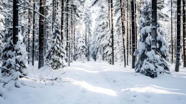 A peaceful winter wonderland with a clear white background is captured in this serene image of a snowy forest.