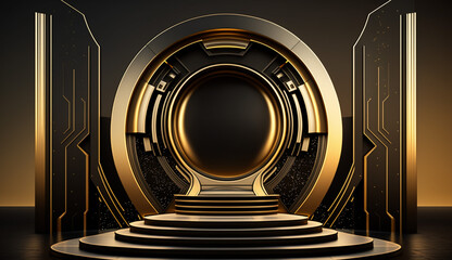 Gleaming 3D Rendered Sci-Fi High-Tech Motion Background with Neon Golden Podium for Cutting-Edge Tech Product Showcases
