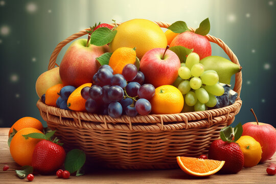 Basket with fresh fruits on wooden table. Toned image.