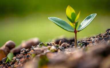 Close Up of a young sprout growing in the soil. New beginnings and environment ecology concept.