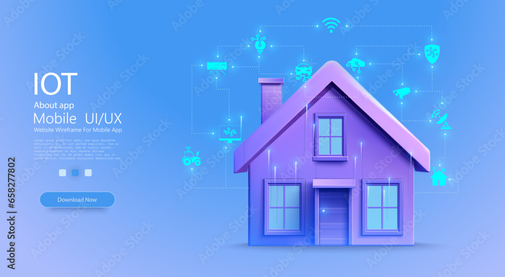 Fototapete Smart home technology conceptual banner, Internet of Things Concept. Automation and data exchange in manufacturing technologies. Cybersecurity of the Internet of Things of a country house. Vector
