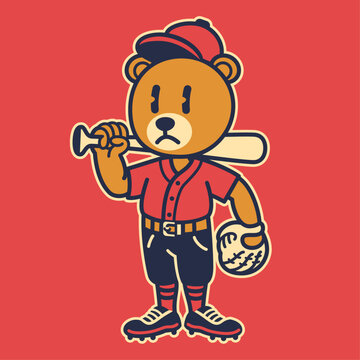 Bear Baseball Player Mascot  Vintage Isolated