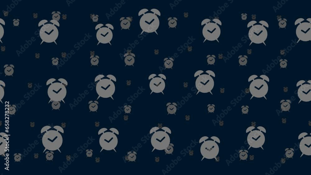 Poster alarm clock symbols float horizontally from left to right. parallax fly effect. floating symbols are