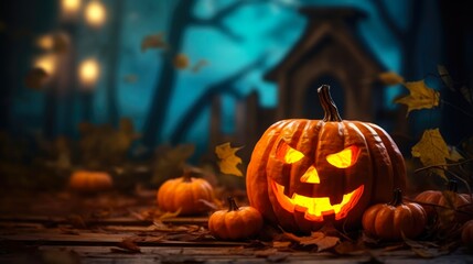 Fototapeta premium Halloween Cute. Jack o Lantern Holiday Celebration Concept. Glistering Pumpkin Decoration on Halloween Background.