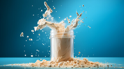 product shoot of protein powder falling in to a glass. clean background.  - obrazy, fototapety, plakaty