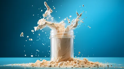 Poster product shoot of protein powder falling in to a glass. clean background.  © Lisanne