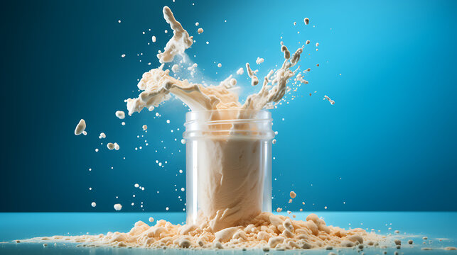 Product Shoot Of Protein Powder Falling In To A Glass. Clean Background. 