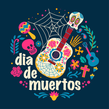 Dia De Los Muertos Greeting Design with Guitar