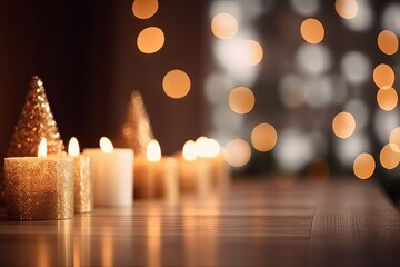 Magical and intimate blurred background, setting a cozy atmosphere for Christmas, featuring the soft flicker of candles and lovely Christmas tree-shaped decorations
