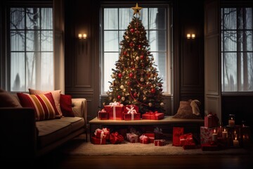 A well-lit Christmas tree as the centerpiece of the living room, showcasing its ornaments, lights,...