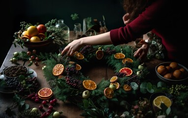 Woman making Christmas wreath. AI, Generative AI