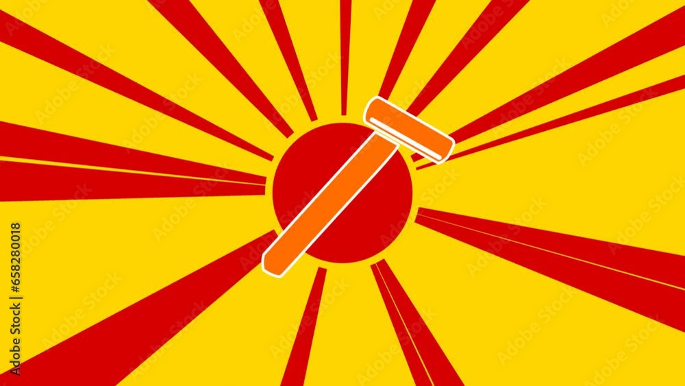 Poster Mens razor symbol on the background of animation from moving rays of the sun. Large orange symbol increases slightly. Seamless looped 4k animation on yellow background