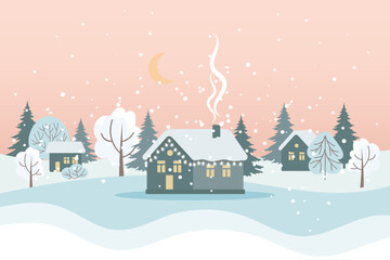 Fototapeta na wymiar Winter landscape with cute houses, trees and night sky with moon, Merry Christmas greeting card template. Illustration in flat style. Vector