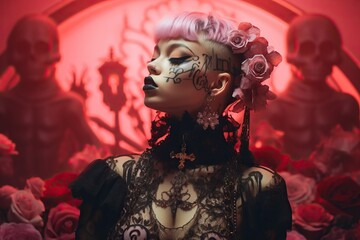 A beautiful young woman with vibrant pink hair, embracing a Gothic persona, immersed in an enigmatic and mystical ambiance. - obrazy, fototapety, plakaty