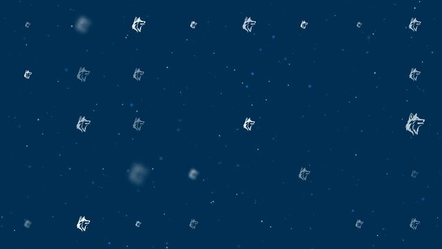 Template animation of evenly spaced wolf heads of different sizes and opacity. Animation of transparency and size. Seamless looped 4k animation on dark blue background with stars
